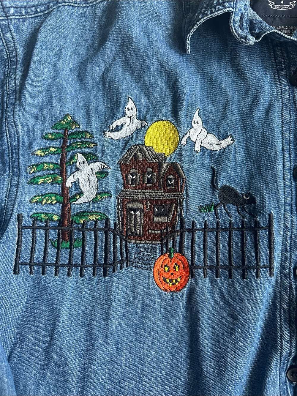 Denim Halloween Embroidered Button-Down 100% Cotton Vintage Shirt - Picture 12 of 15